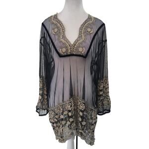 Nygard Collection Size 16 Black Sheer Scallop Knit Long Sleeve Top